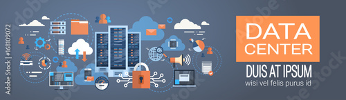 Data Center Cloud Computer Connection Hosting Server Database Synchronize Technology Vector Illustration