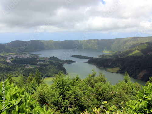 Magnificent view of the double lake Sete Cidades (Lagoa Verde and Lagoa Azul). San Miguel. Azores