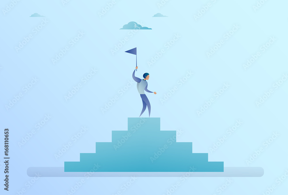 Business Man On Stairs Top Holding Flag Success Concept Flat Vector Illustration Business Man On Stairs Top Holding Flag Success Concept Flat Vector Illustration