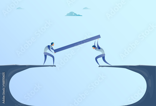Two Businessmen Building Bridge Over Cliff Gap Mountain Business People Cooperation Help Teamwork Concept Flat Vector Illustration