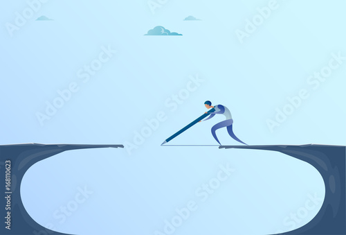 Businessman Drawing Bridge Walking Over Cliff Gap Mountain Business Man Risk Concept Flat Vector Illustration