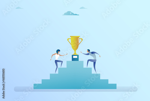 Business People Climbing Stairs Up To Golden Cup Winner Success Competition Concept Flat Vector Illustration