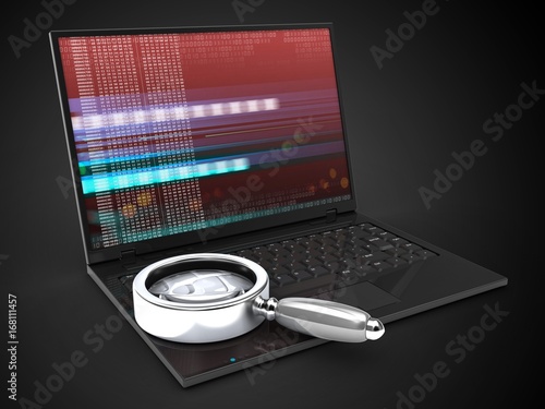 3d laptop computer and magnify flass photo