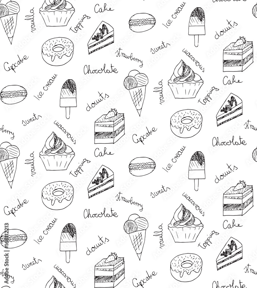 Seamless pattern, sweets and cookies icons, cupcake, macaron, ice cream, cheesecake, cake, donut, vector, illustration, freehand pencil. Seamless pattern, sweets and cookies icons, cupcake, macaron, ice cream, cheesecake, cake, donut, vector, illustration, freehand pencil.