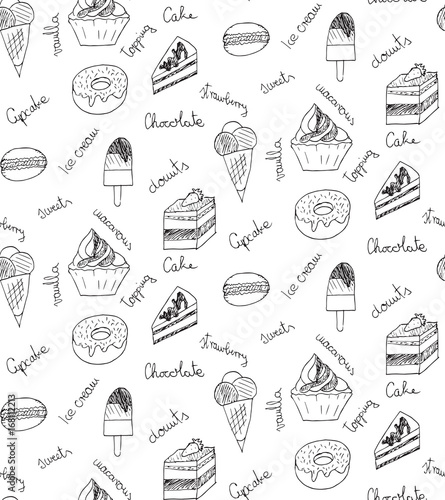 Seamless pattern, sweets and cookies icons, cupcake, macaron, ice cream, cheesecake, cake, donut, vector, illustration, freehand pencil.