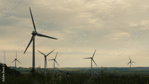 Wind turbines in the field, overcast. Clean and Renewable Energy, Wind Power, Turbine, Windmill, Energy Production