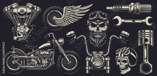 Set of vintage custom motorcycle emblems, labels, badges, logos, prints, templates. Layered, isolated on dark background Easy rider
