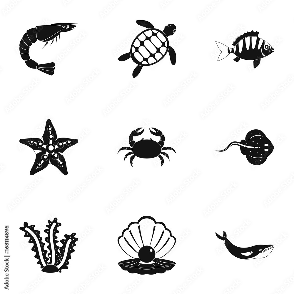 Sea nature icons set, simple style Sea nature icons set, simple style
