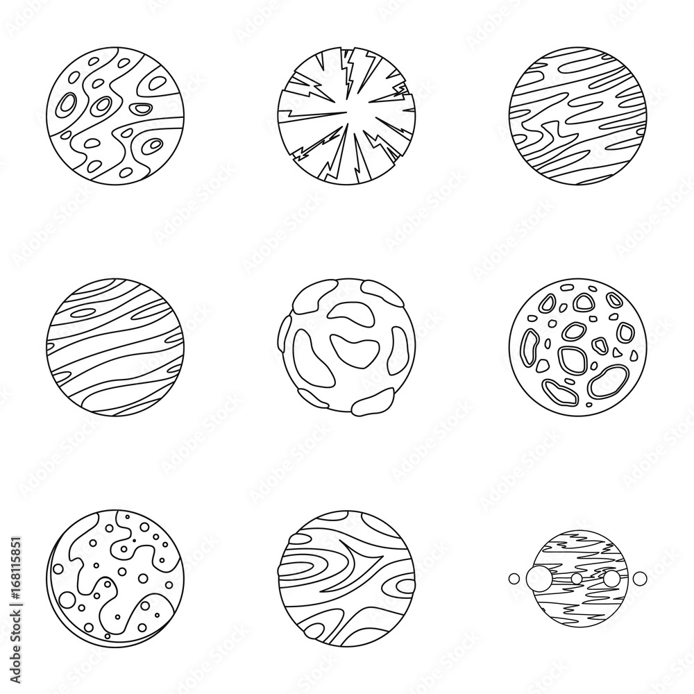 Mystery planet icons set, outline style Mystery planet icons set, outline style