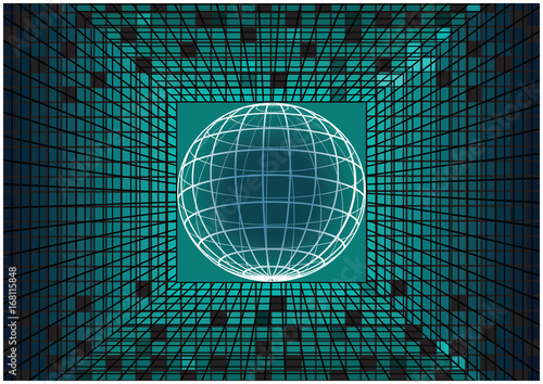 abstract vector matrix background with 3D earth icon, grid and bright pixels