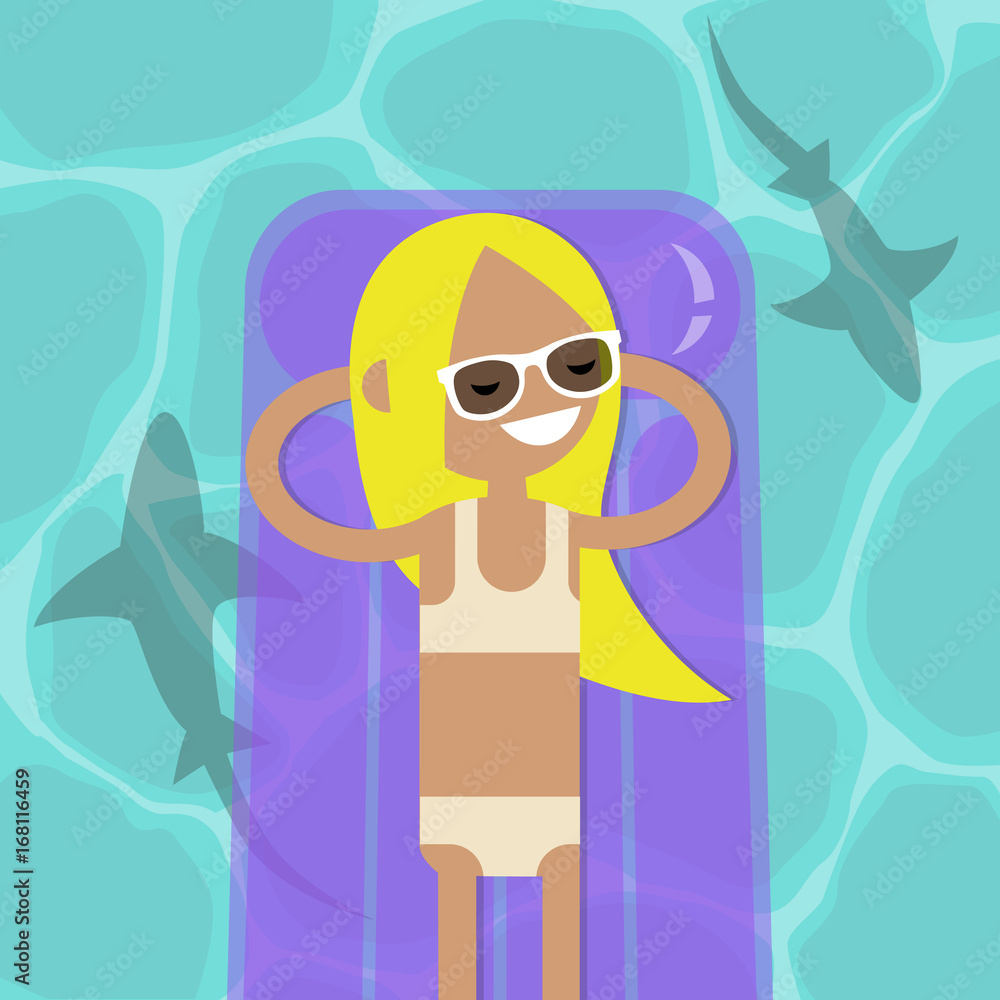 Hidden threat: shark shadows in water. Young serene female character lying on the inflatable mattress. Flat editable vector illustration, clip art