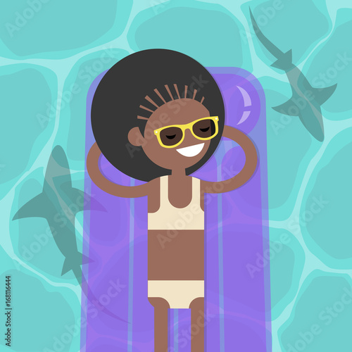 Hidden threat: shark shadows in water. Young black girl lying on the inflatable mattress. Flat editable vector illustration, clip art