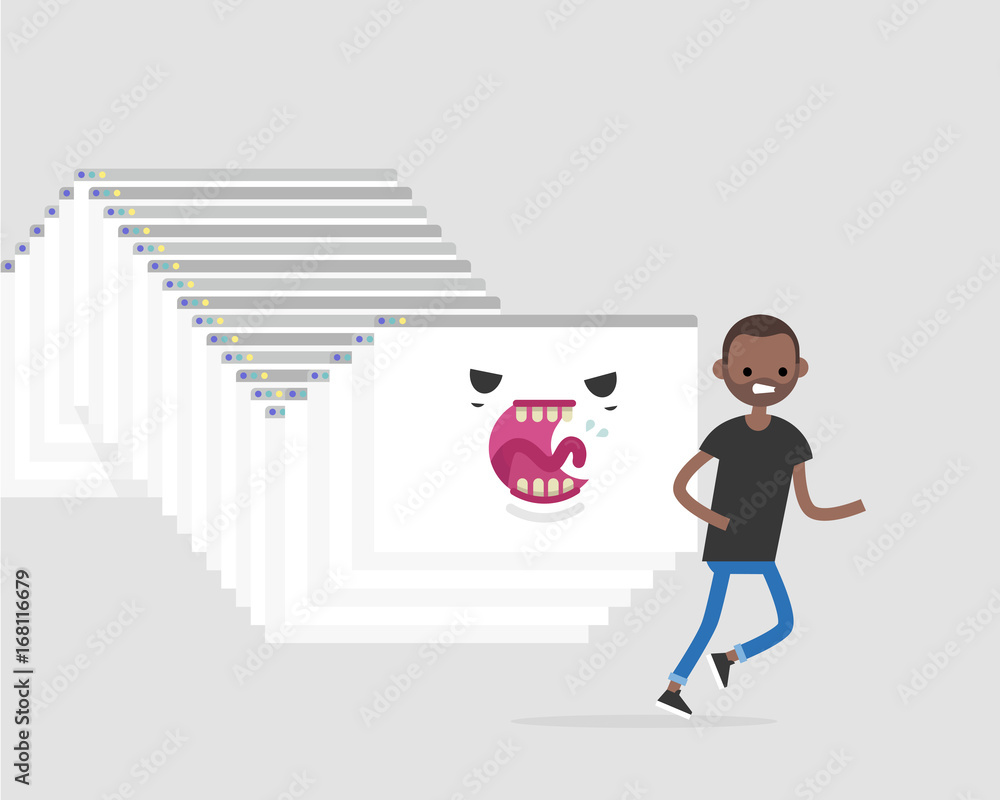Internet monster. Hacker attack. Huge worm made of a cascade of browser windows chasing a character / flat editable vector illustration, clip art Internet monster. Hacker attack. Huge worm made of a cascade of browser windows chasing a character / flat editable vector illustration, clip art