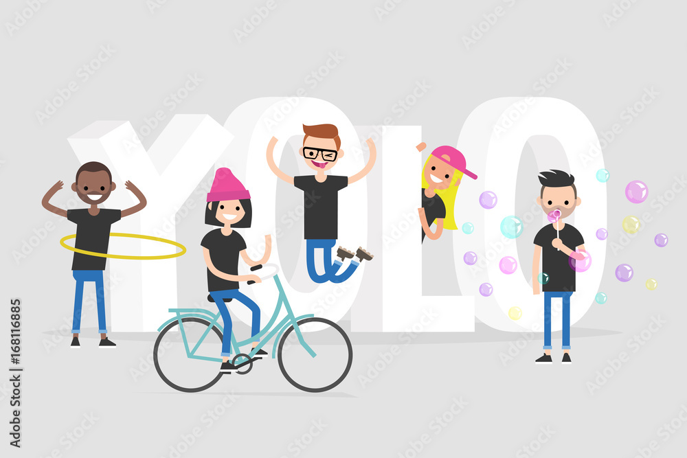 YOLO. You only live once. A group of active teenagers standing near the 3D letters. Conceptual illustrated 3d sign / editable flat vector illustration, clip art YOLO. You only live once. A group of active teenagers standing near the 3D letters. Conceptual illustrated 3d sign / editable flat vector illustration, clip art