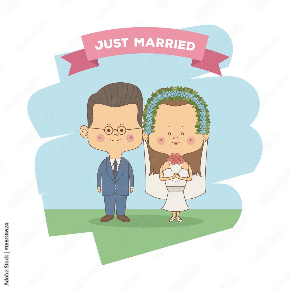 color sky landscape scene of just married couple bride with brown long hair and groom with glasses vector illustration color sky landscape scene of just married couple bride with brown long hair and groom with glasses vector illustration