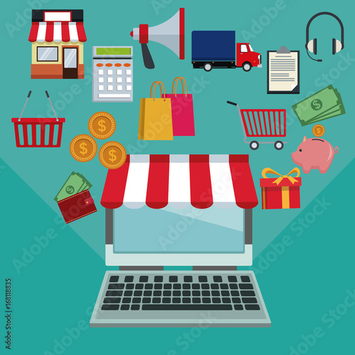 color background with laptop and awning with online shopping elements vector illustration