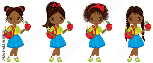 Vector Cute Little African American Girl with School Bags and Apples