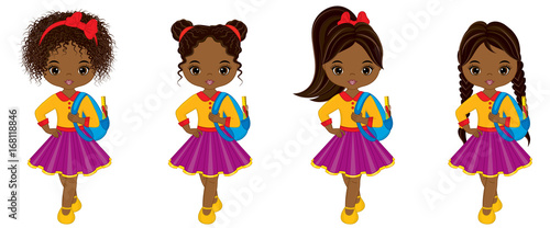 Vector Cute Little African American Girl with School Bags