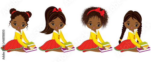 Vector Cute Little African American Girls with Books