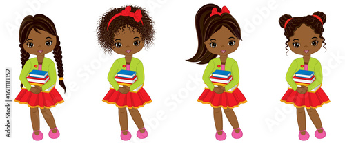 Vector Cute Little African American Girls with Books