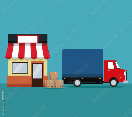 color background with store with awning and delivery truck with packages vector illustration