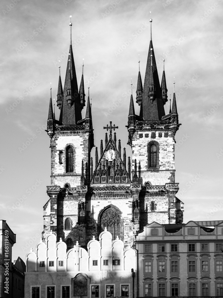 Church of Our Lady before Tyn. View from Old Town Square, Prague, Czech Republic. Black and white image.