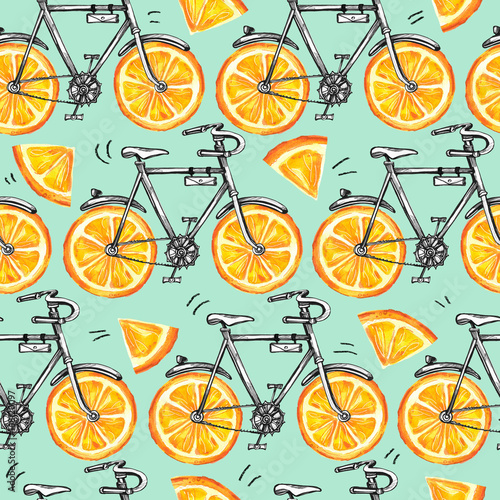 Watercolor seamless pattern bicycles with orange wheels. Colorful summer background.