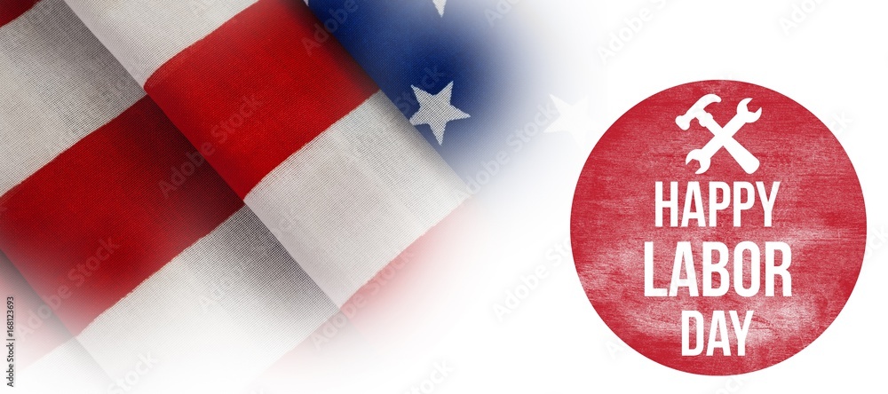 Fototapeta premium Composite image of happy labor day text with tools on red poster