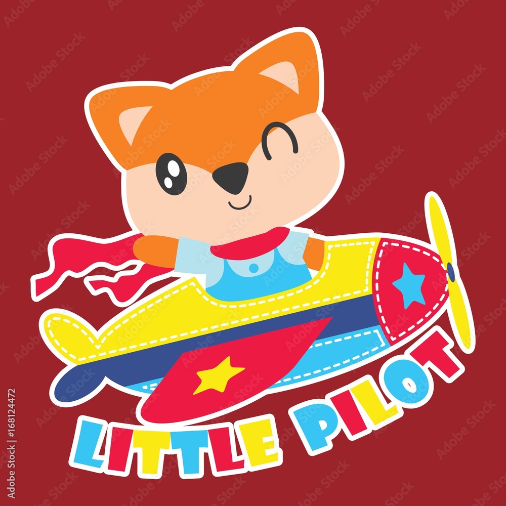Naklejka premium Cute fox flies plabe as little pilot vector cartoon illustration for kid t shirt design, kid nursery wall and graphic wallpaper
