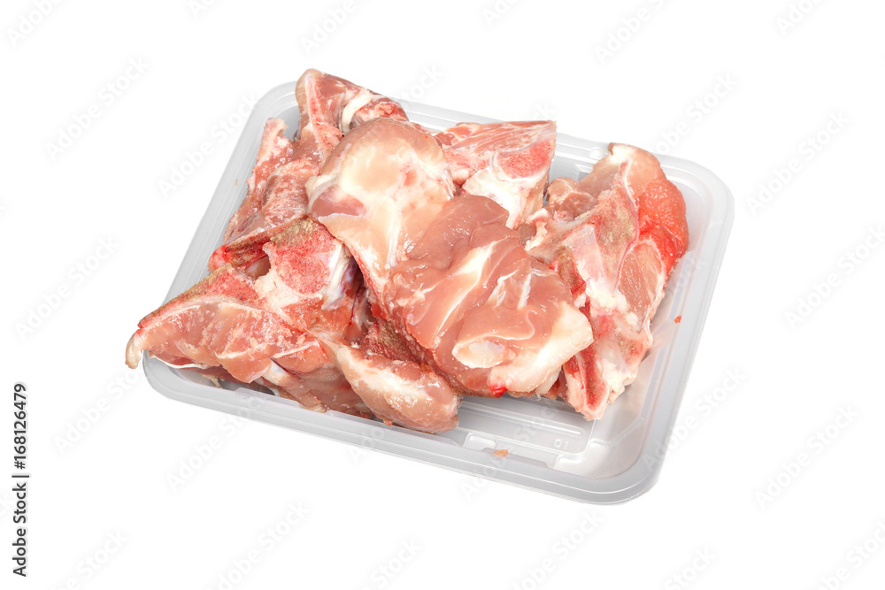Soup bone pork in plastic container isolated