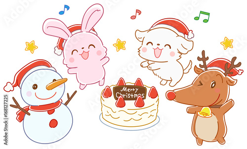 クリスマスケーキを囲む動物たちのイラスト