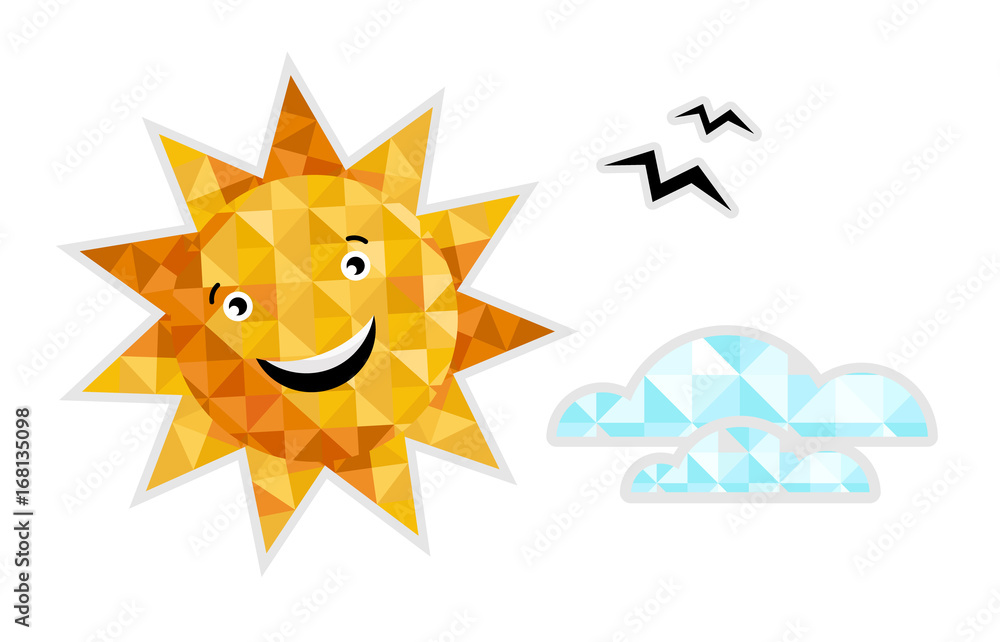 Sun in sky isolated icon. Summer time resort, relax on beach, tropical vacation, sea holiday vector illustration in triangle style. Sun in sky isolated icon. Summer time resort, relax on beach, tropical vacation, sea holiday vector illustration in triangle style.