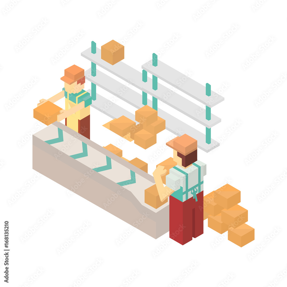 Warehouse conveyor with workers isometric icon. Local shipping service vector illustration isolated on white background. Warehouse conveyor with workers isometric icon. Local shipping service vector illustration isolated on white background.