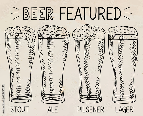 Beer featured. Beautiful illustration of stout, ale, light and lager beer