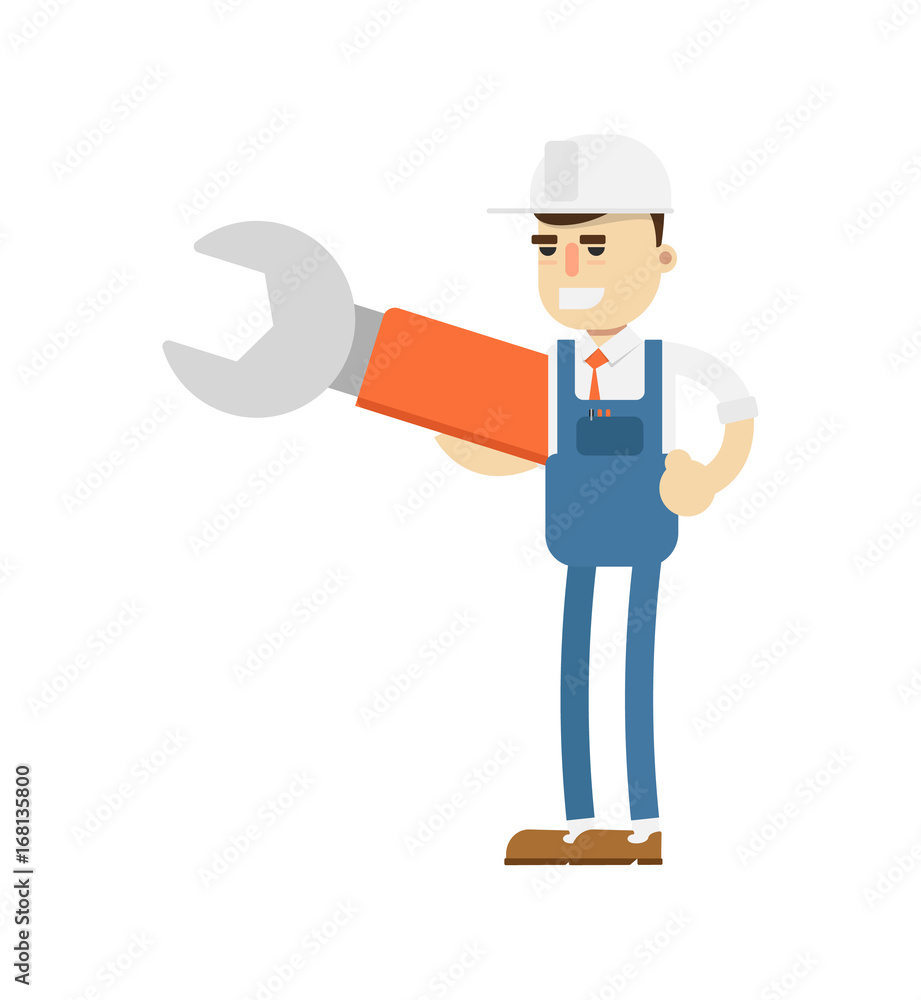 Young mechanic in uniform with big wrench icon. Diagnostic and repair vector illustration in flat design. Young mechanic in uniform with big wrench icon. Diagnostic and repair vector illustration in flat design.