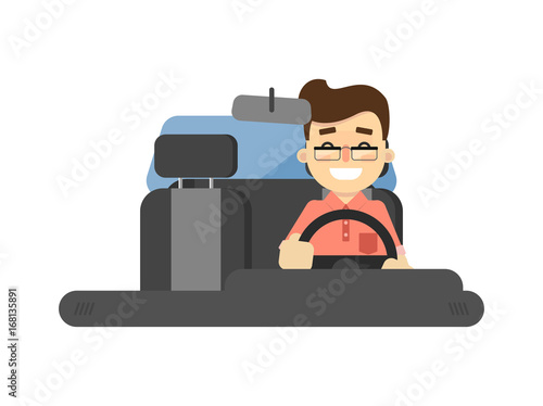 Smiling driver in car icon isolated on white background vector illustration. Modern automobile, people transportation, auto vehicle in flat design.