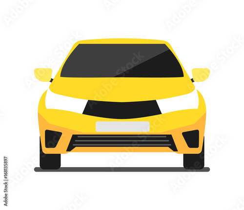 Front view yellow car icon isolated on white background vector illustration. Modern automobile, people transportation, auto vehicle in flat design.