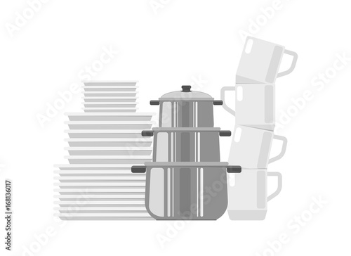 Set of dishes icon. Plates, cups and pans. Cooking and kitchen vector illustration in flat design.