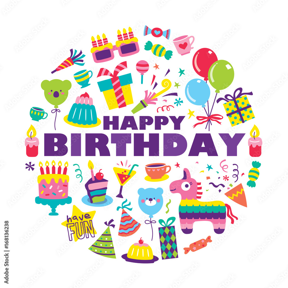 Happy birthday greeting card with colourful party elements