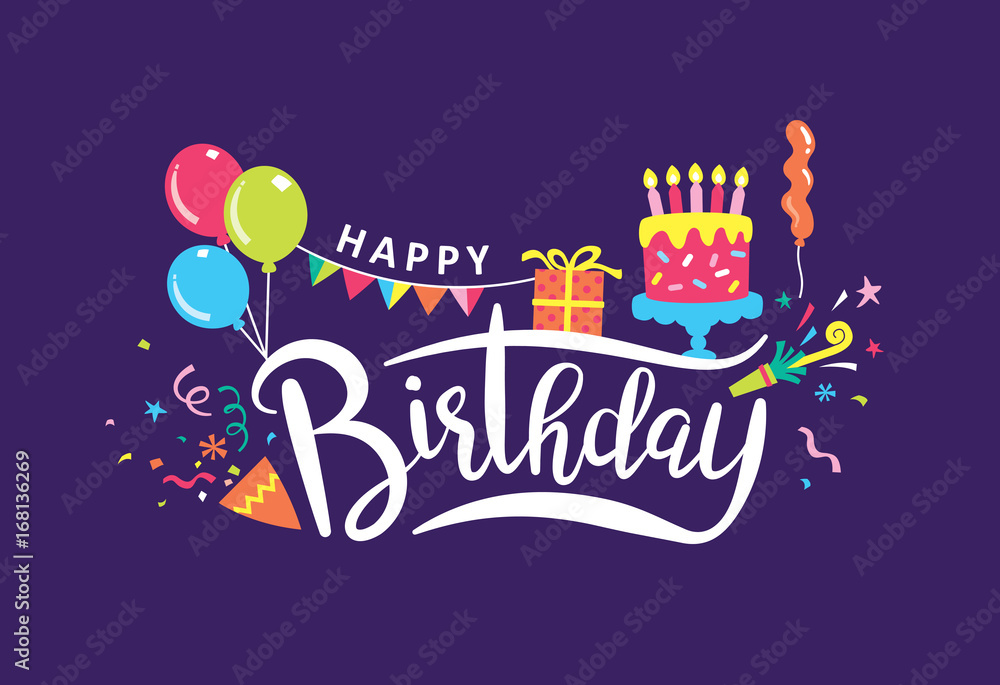 Happy birthday handwritten lettering and colourful party elements