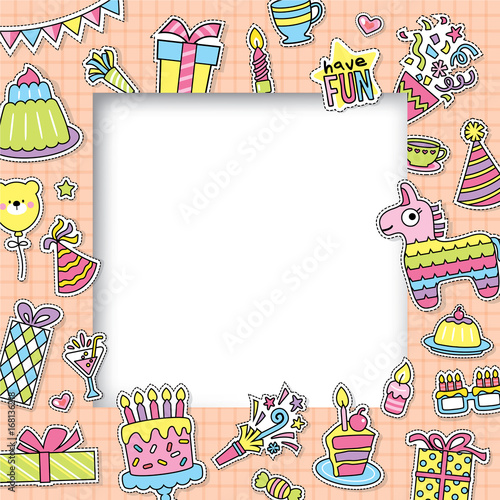 Collage photo frame with birthday party elements kid, baby, family or memories