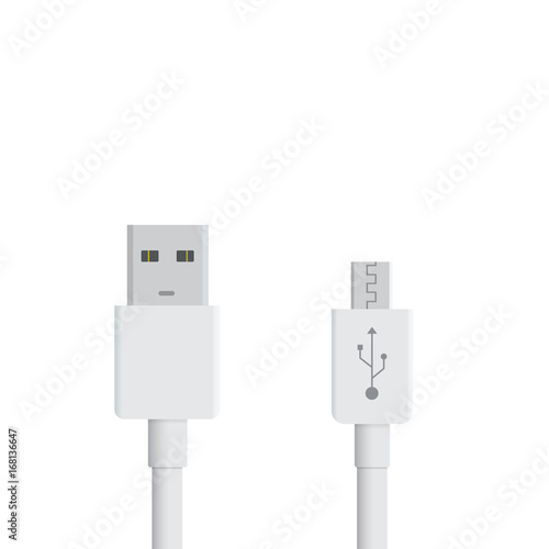 White micro USB cables on white background. Connectors and sockets for PC and mobile devices. Computer peripherals connector or smartphone recharge supply
