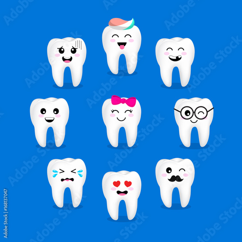 Set of cute cartoon tooth emoticons with different facial expressions. Dental care concept. Illustration isolated on blue background.