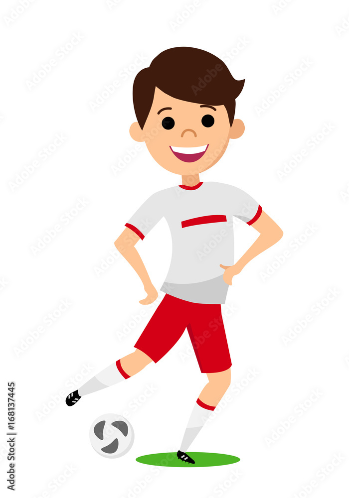 The player kicks the ball. Young man in his football uniform. Vector illustration.