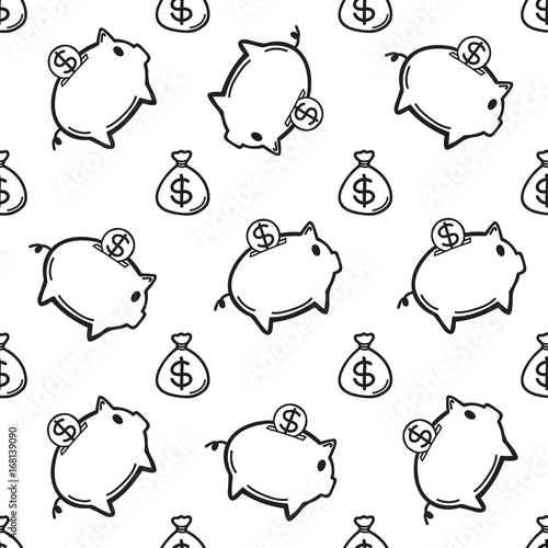 seamless piggy and money bag background draw by hand doodle style about saving money. vector illustration.