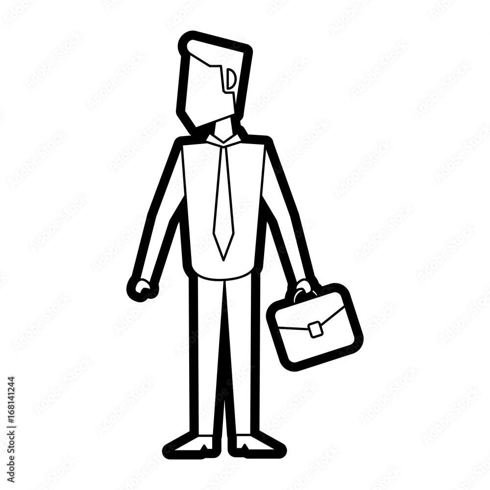 Flat line uncolored businessman with briefcase over white background vector illustration
