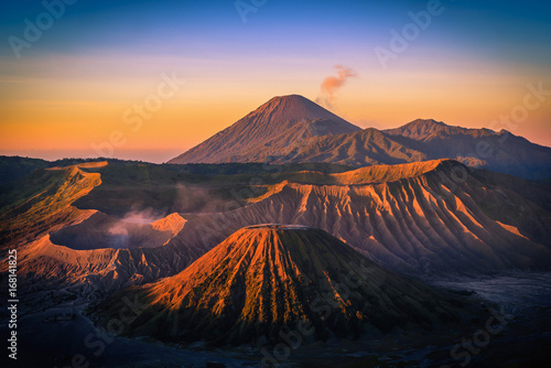 Mount Bromo volcano (Gunung Bromo) at sunrise with colorful sky background in Bromo Tengger Semeru National Park, East Java, Indonesia.