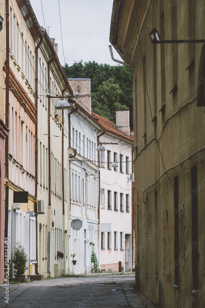 Narrow empty street in old town of Kaunas city