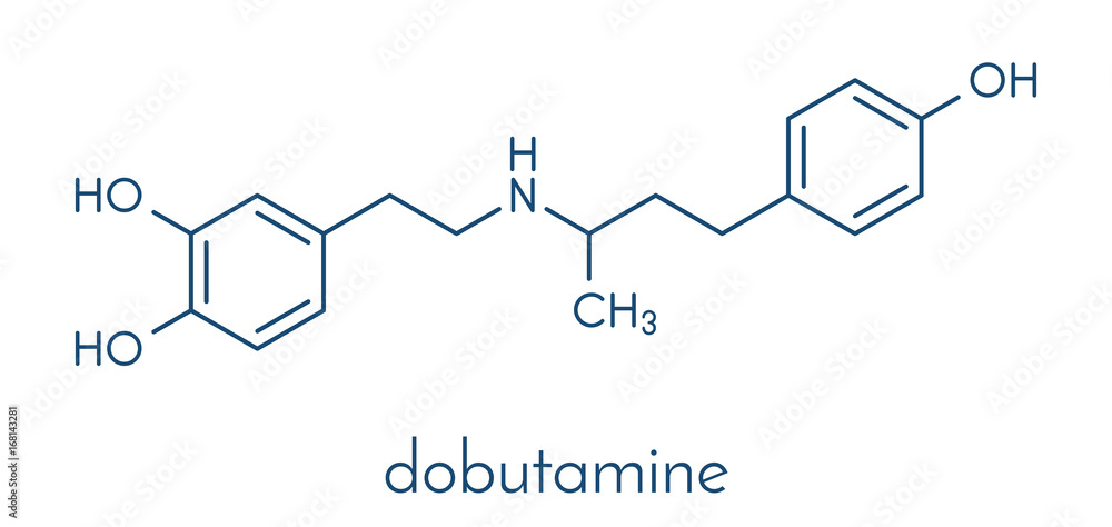 Dobutamine sympathomimetic drug molecule. Skeletal formula. Dobutamine sympathomimetic drug molecule. Skeletal formula.