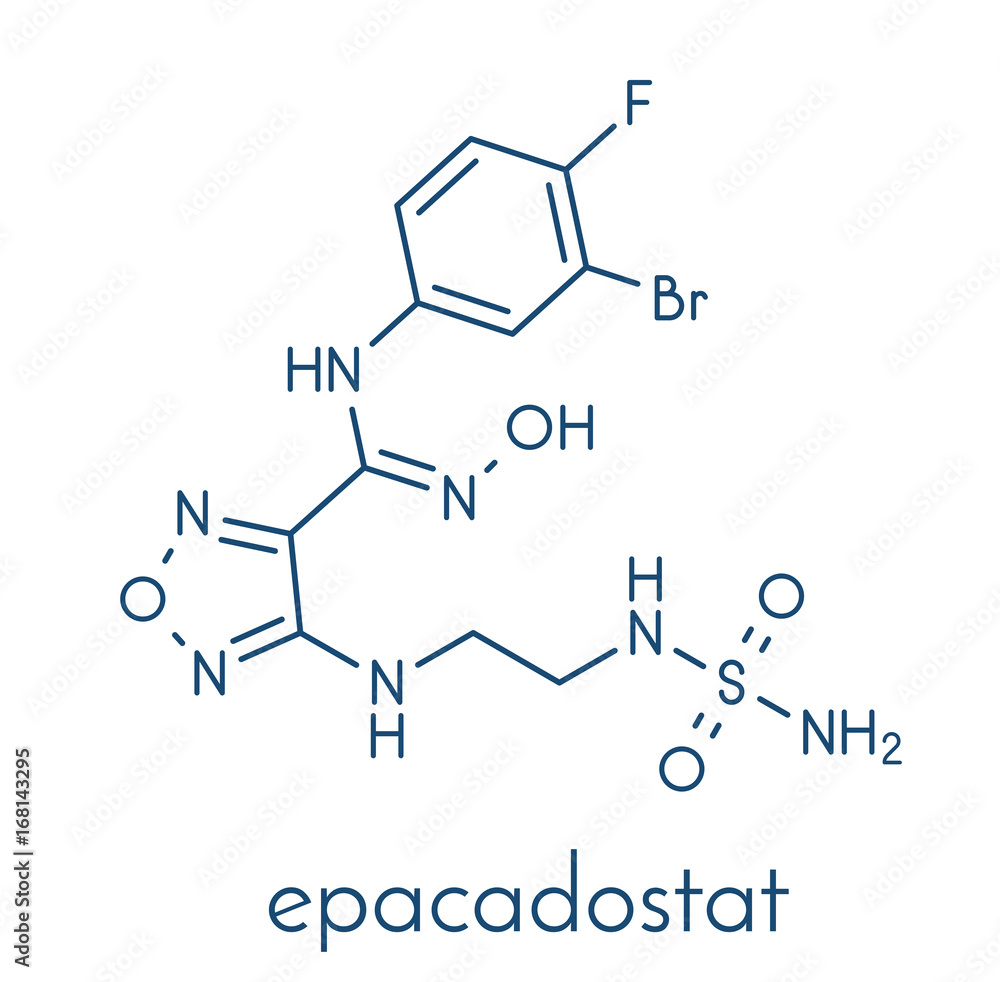 Epacadostat cancer drug molecule (indoleamine 2,3-dioxygenase inhibitor). Skeletal formula. Epacadostat cancer drug molecule (indoleamine 2,3-dioxygenase inhibitor). Skeletal formula.